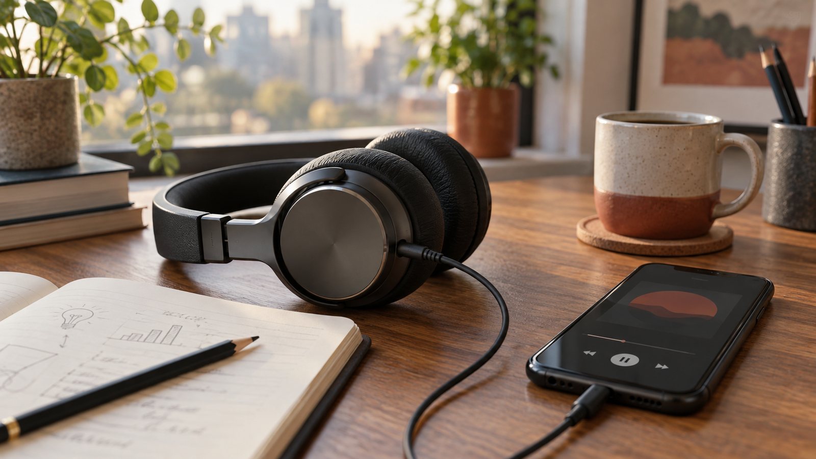 Auriculares junto a un móvil con reproductor de audio y un cuaderno de ideas sobre una mesa.